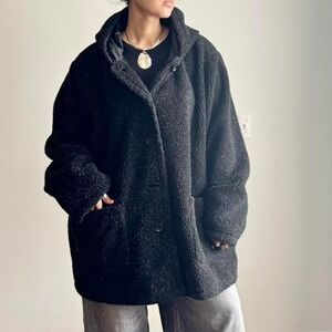 Black Sherpa Hood Jacket Teddy Chore Coat Plus Size